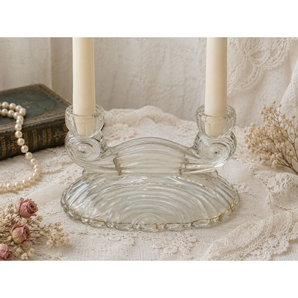 Vintage Clear Pressed Glass Double Taper Candle Holder Scalloped Base Art Deco